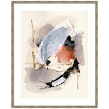 Framed abstract watercolor print Urban Wanderer 2 by Xizhou Xie showing grey, black, white, and muted orange tones in Mila Dark Silver frame.
