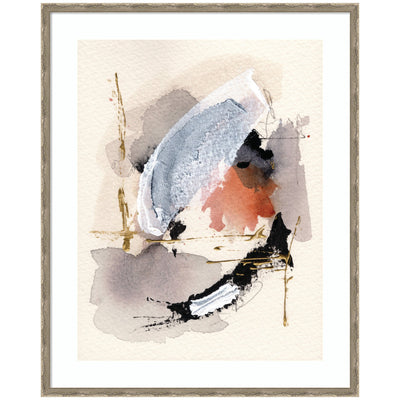 Framed abstract watercolor print Urban Wanderer 2 by Xizhou Xie showing grey, black, white, and muted orange tones in Mila Dark Silver frame.