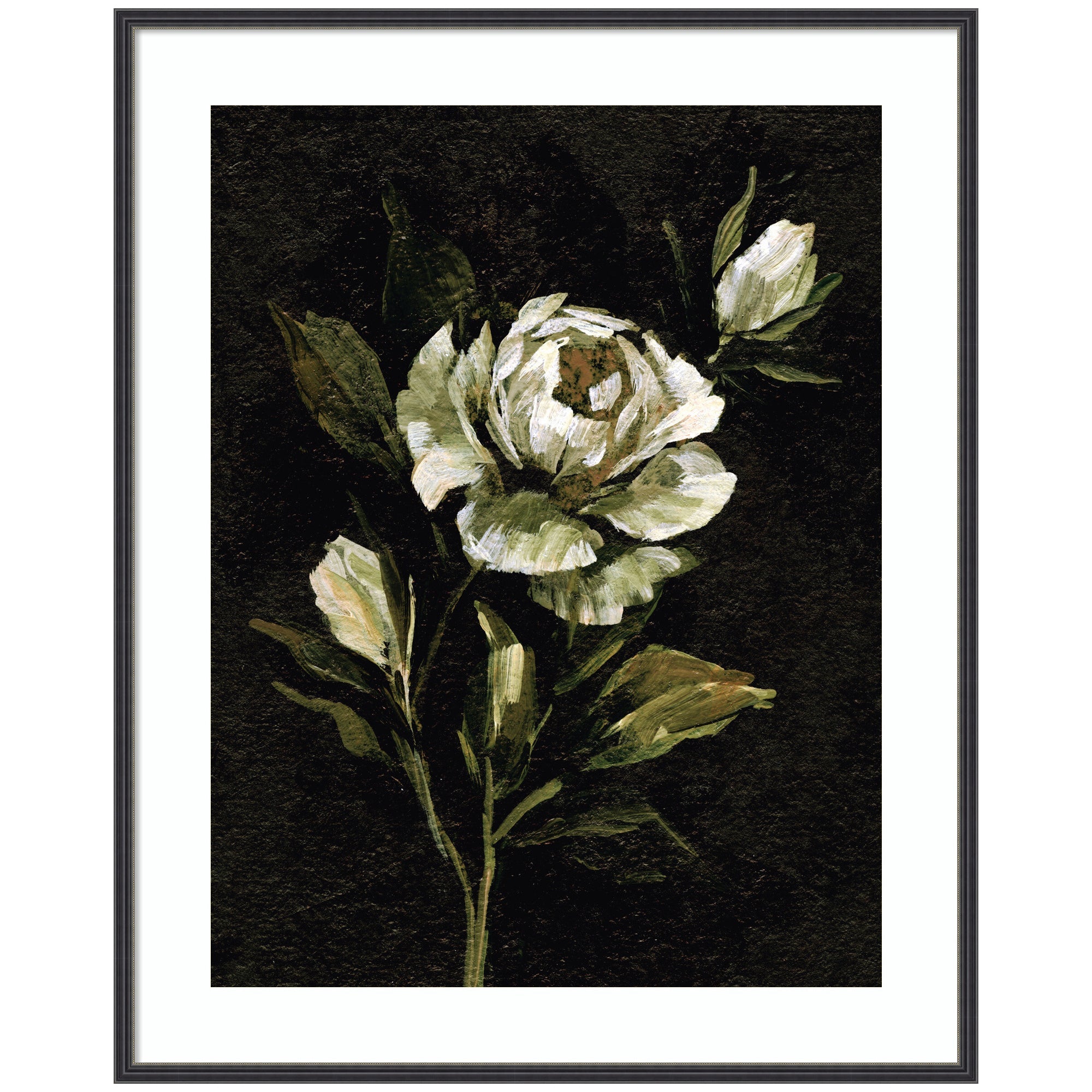 Framed floral artwork titled Moody Floral 2 by Annie Quigley, showing a light-petaled flower and green leaves on dark background in black narrow frame.