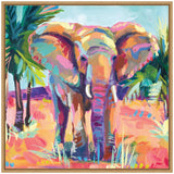 Colorful African elephant painted with vibrant pinks, oranges, blues, and purples, standing among green palm trees in a bright, abstract landscape on canvas.