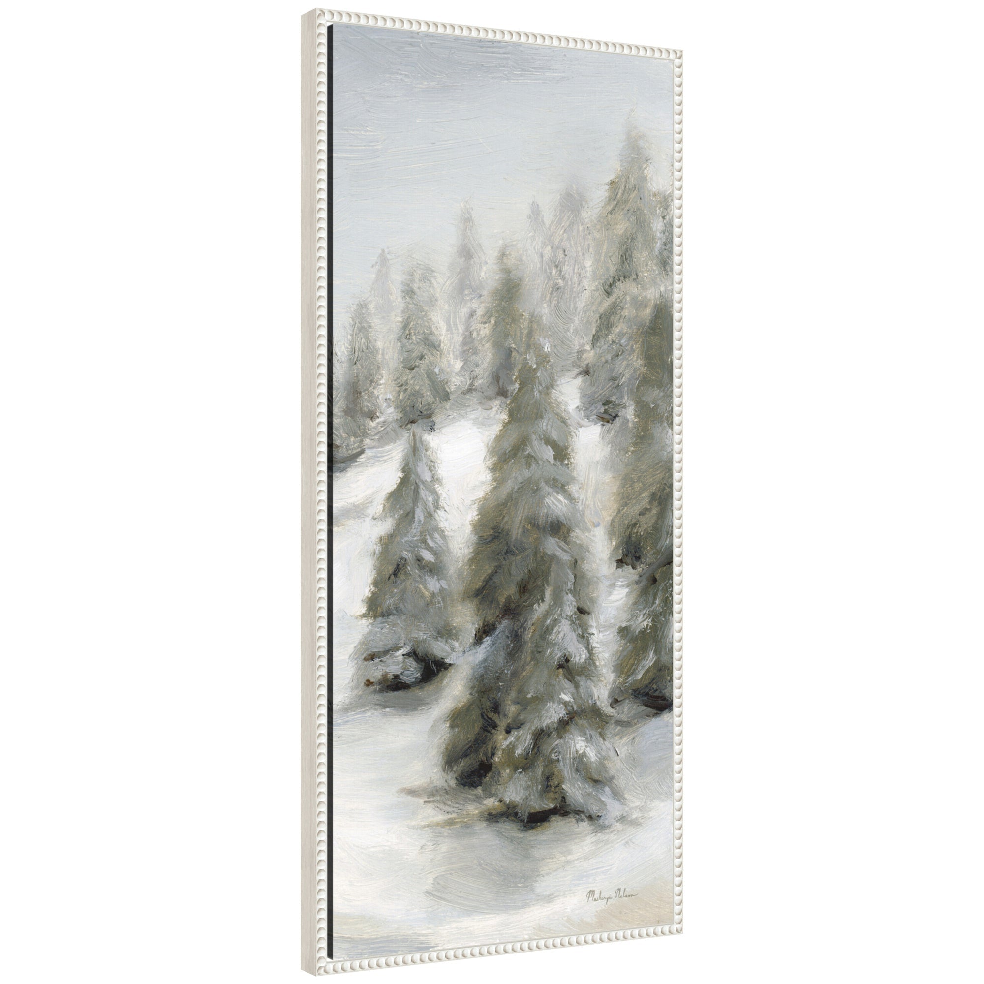 Sylvie Beaded Evergreen Hills framed canvas art showing a landscape of rolling green hills with beaded detail, framed in lightweight polystyrene.