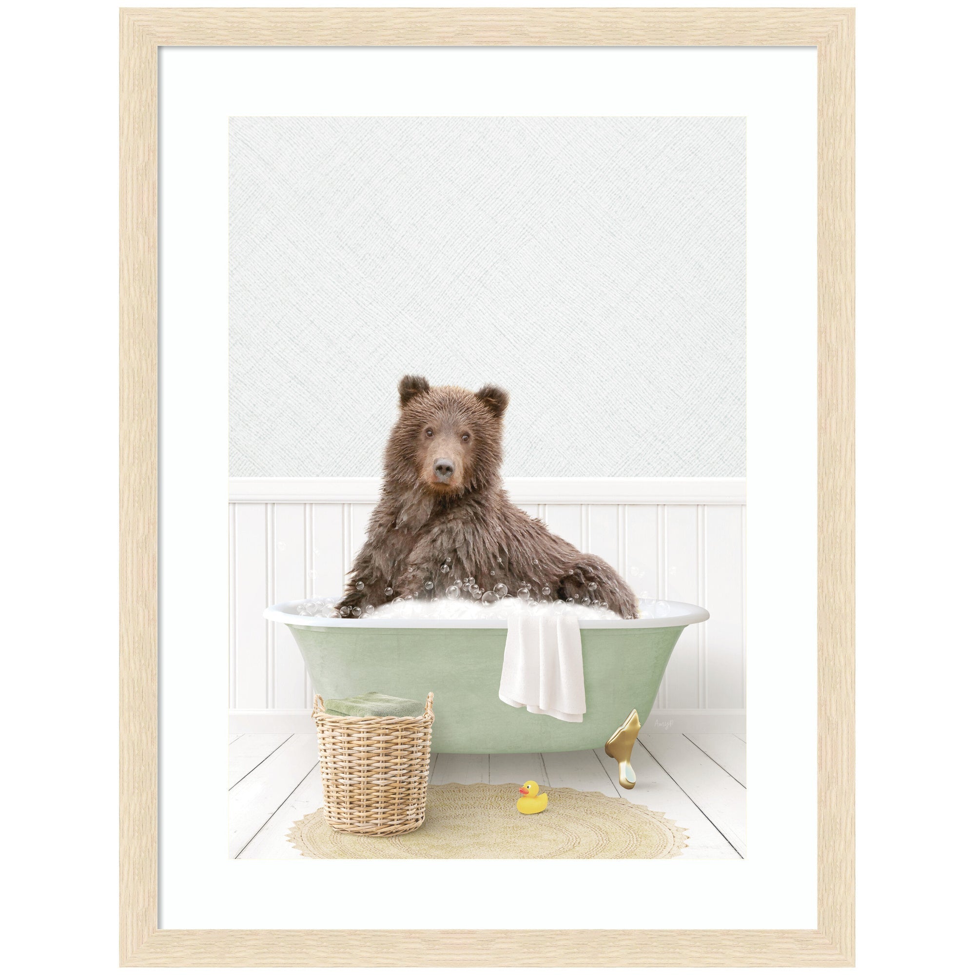 Bear in Cottage Green Bath giclee print framed wall art showing a bear inside a green bathroom cottage setting