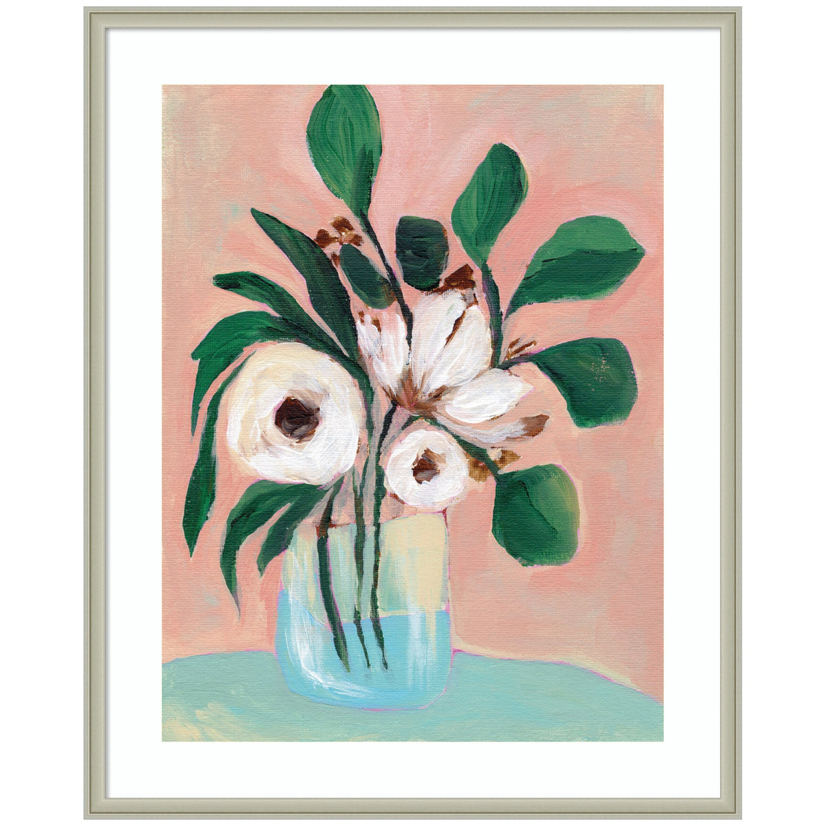 Painting of large white flowers with dark centers and broad green leaves in a transparent vase, set against a soft pink background with a light blue surface below.