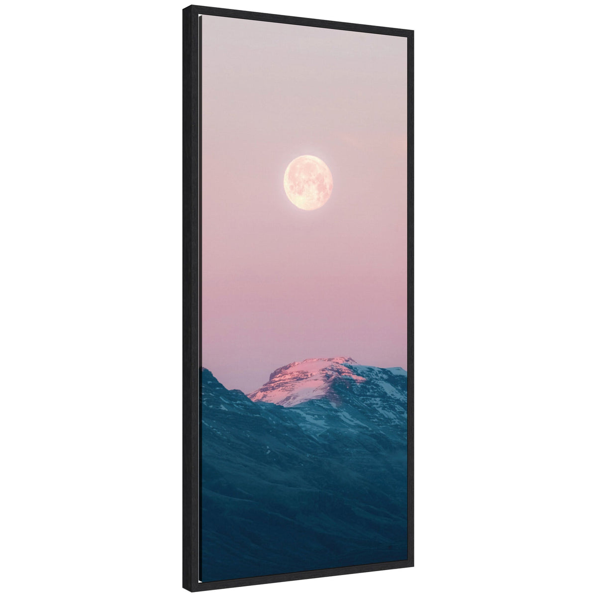 Framed canvas showing a pastel pink sky with a bright full moon above dark Icelandic mountains with snow-capped peaks.