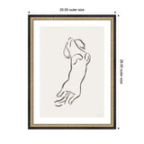 Minimalist line drawing of a dachshund dog stretching upwards, framed with a decorative black and gold border.