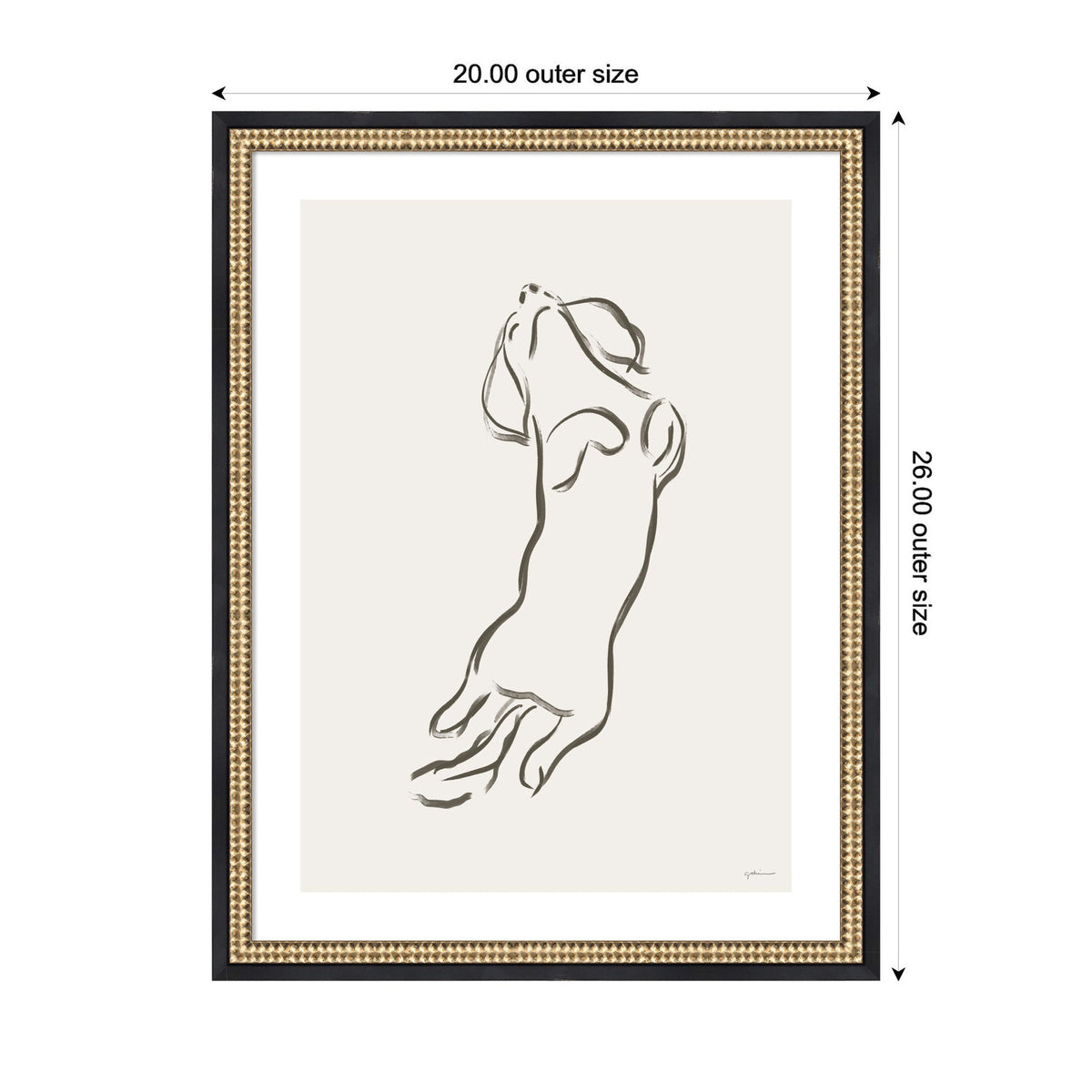Minimalist line drawing of a dachshund dog stretching upwards, framed with a decorative black and gold border.