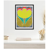 Abstract floral design with a large yellow flower featuring red and pink accents, teal leaves, and a textured olive base, set against a dotted black and white background in a black frame.