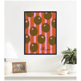 Framed canvas print with large olive shapes on alternating pink and orangish-red vertical stripes, featuring small pink star highlights and black cursive text 'Olive you!'