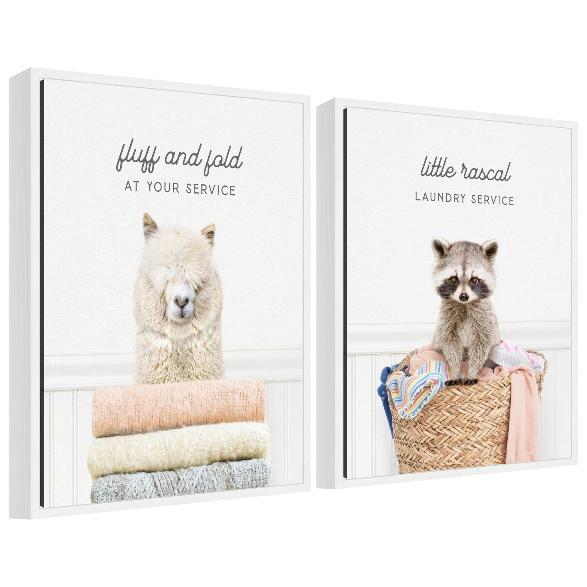 Framed canvas art set featuring an alpaca and a raccoon with laundry themes displayed on a wall