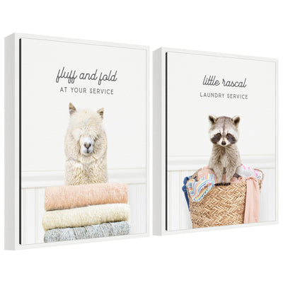 Framed canvas art set featuring an alpaca and a raccoon with laundry themes displayed on a wall