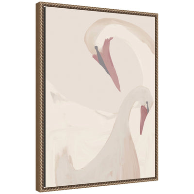 Framed canvas wall art print titled 'Swans Swimming' by Alicia Abla featuring two swans in water with lily pads, in a Sylvie Beaded frame.