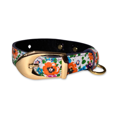 Poppy & Pansy Italian Leather XS Collar showing floral leather pattern and Italian hardware