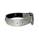 Silver snake-patterned collar with embedded Swarovski crystals on a wide, reflective band with an adjustable buckle and black interior lining.
