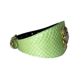 Wide sea anemone pearl green snake-embossed collar with a gold-tone rhinestone crab accessory on the side and silver buckle closure
