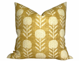 Zinnia Pillow Cover in Goldenrod showing front floral pattern and ivory linen back