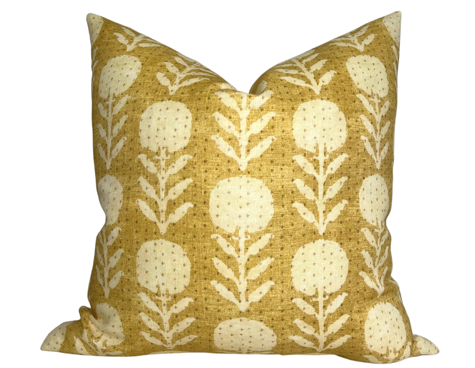 Zinnia Pillow Cover in Goldenrod showing front floral pattern and ivory linen back