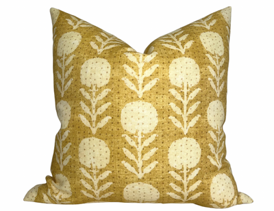 Zinnia Pillow Cover in Goldenrod showing front floral pattern and ivory linen back