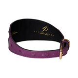 Boysenberry-colored wide leather collar with square embossed studs and gold buckle, showing black inner lining with gold Ally & Payne logo.
