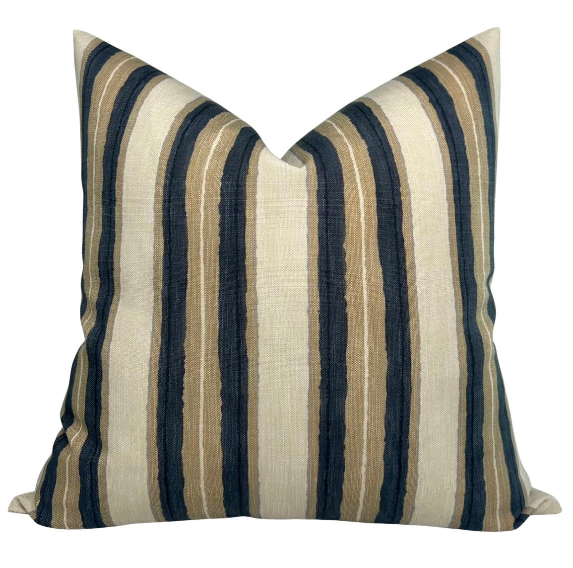 Square pillow cover with vertical stripes in cream, pebble beige, and deep navy blue, featuring textured fabric and a subtle woven pattern.