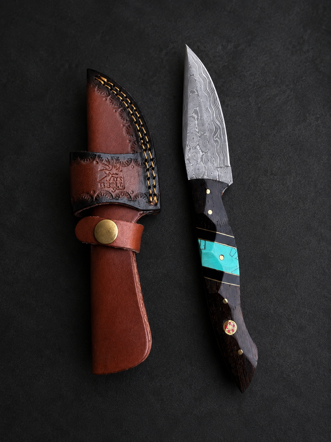 Titan Shadowstone Damascus Hunter TK-520 knife with black hardwood handle, turquoise inlay, and distinctive layered Damascus steel blade patterns.