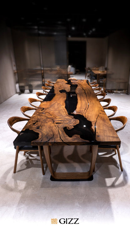 Epoxy Resin River Dining Table with Walnut Wood Legs showcasing natural wood and vibrant resin river design