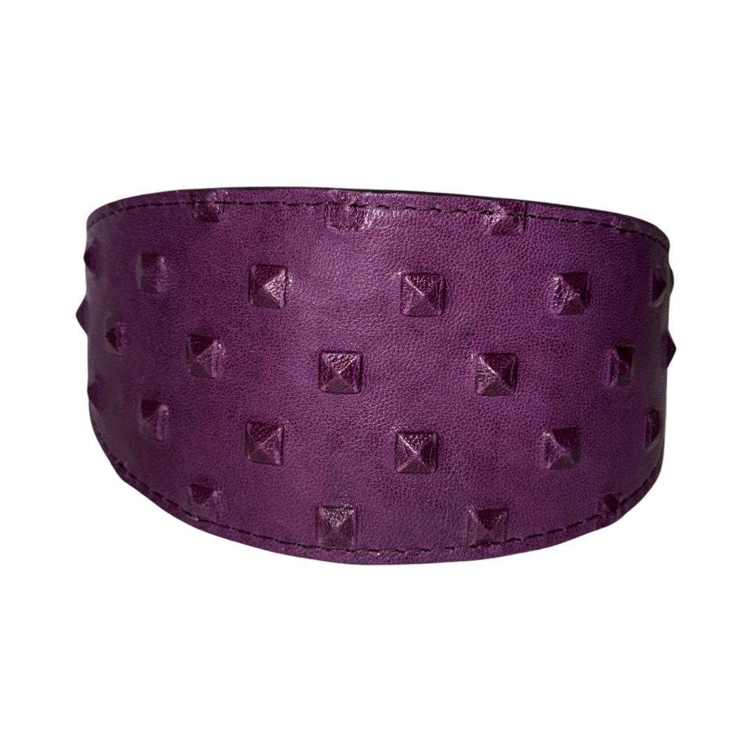 Glamorous Boysenberry Embossed Studded Italian Leather Collar displayed flat, showing leather texture and stud detailing