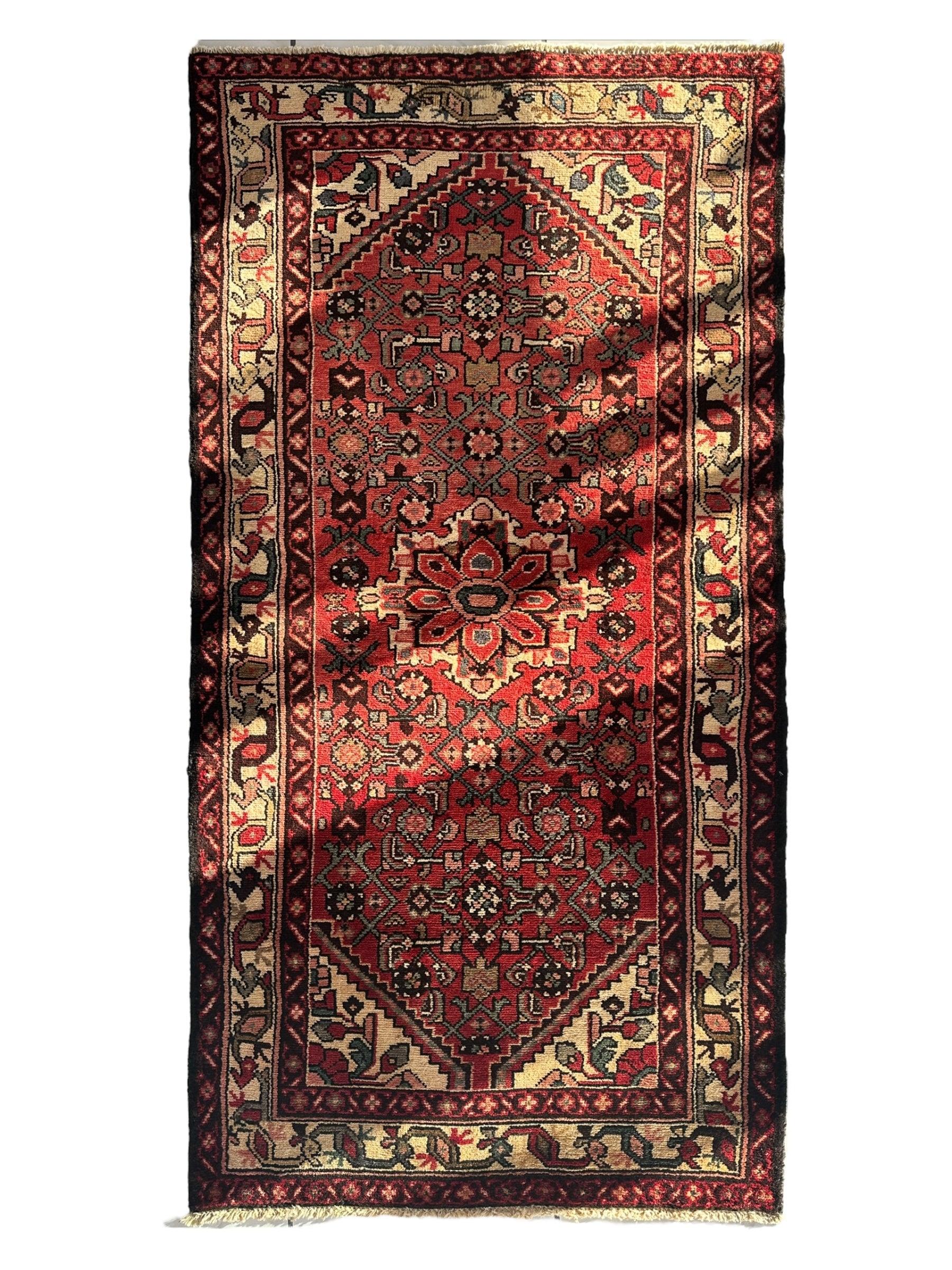 Vintage Persian Hamadan rug, 3’7” x 6’8”, showing traditional hand-knotted wool design with full pile