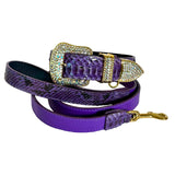 Purple python leather belt and matching leash with gold-tone hardware and a buckle adorned with clear rhinestones.