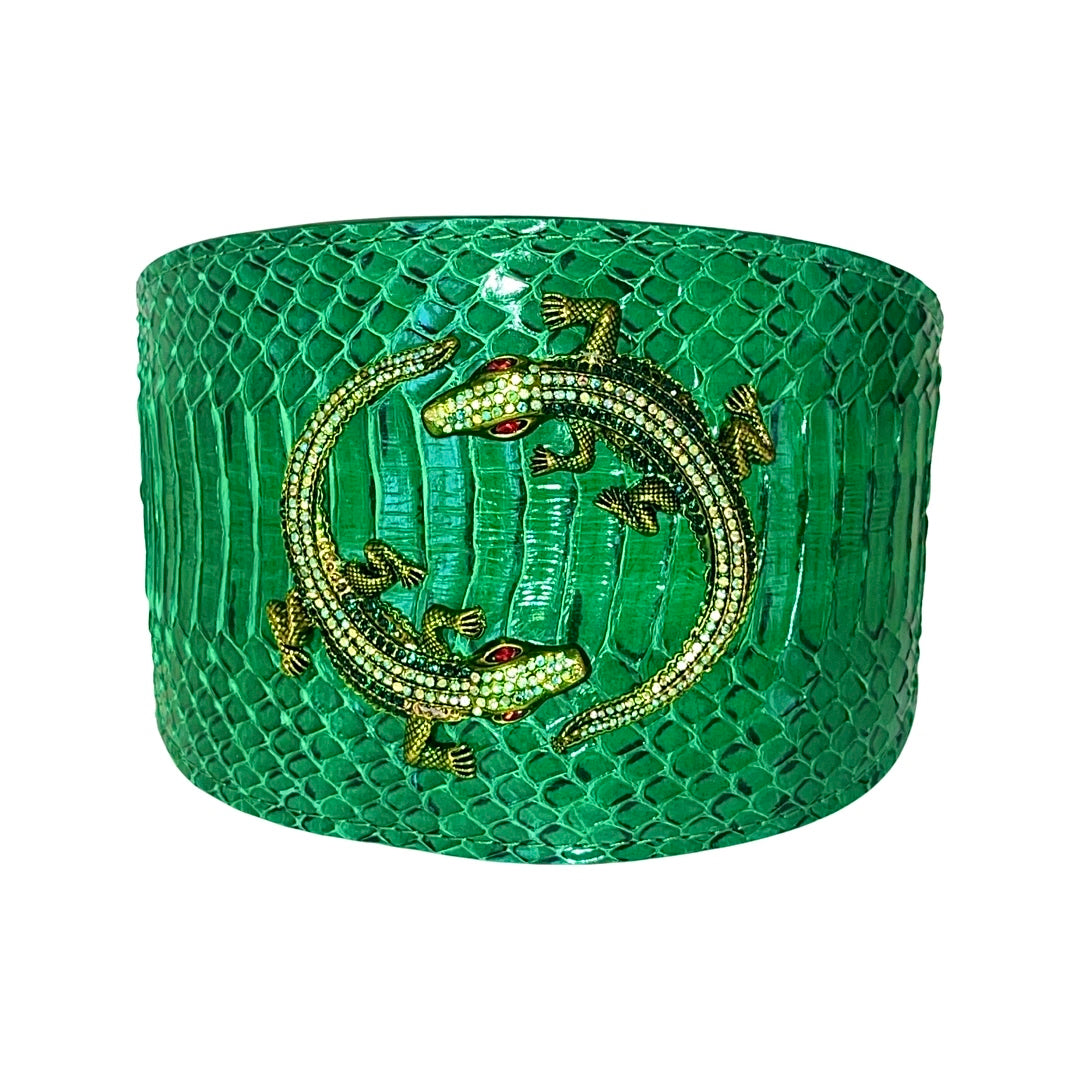 Emerald Green Snake Collar with Green Rhinestone Alligators laid flat showing details of rhinestone alligator accents