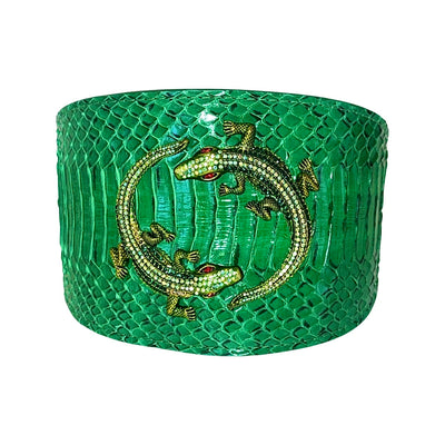 Emerald Green Snake Collar with Green Rhinestone Alligators laid flat showing details of rhinestone alligator accents