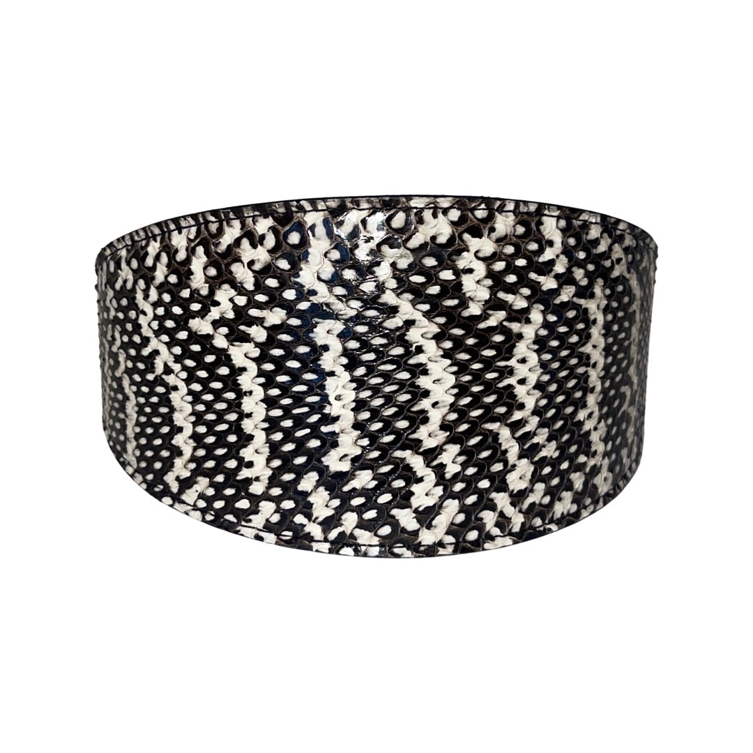 Black and white snake pattern 3-inch wide pet collar with silver hardware on dark background