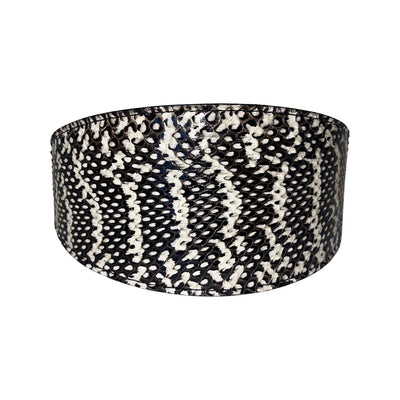 Black and white snake pattern 3-inch wide pet collar with silver hardware on dark background