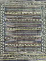 Hand-woven Afghani Maliki wool kilim rug featuring horizontal stripes and geometric patterns in cream, navy blue, and muted gold tones, framed by an intricate border.