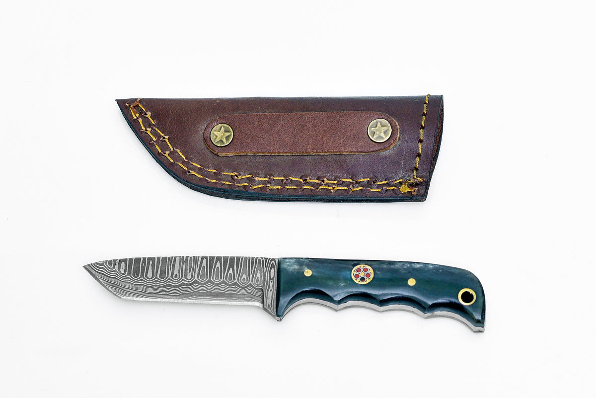 Damascus Steel EDC Style Tanto Compacto TD-10xs knife with dyed bone handle and patterned blade