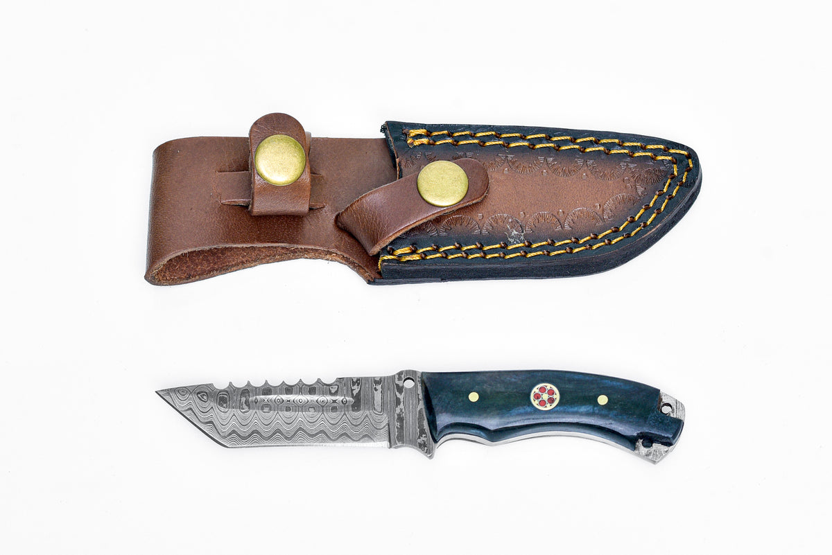 Damascus Steel EDC Style Tanto Compacto TD-39xs knife with dyed bone handle and brass pins