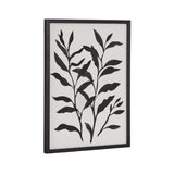 Black silhouette of tall, slender botanical leaves on white background in a narrow black frame, shown at a slight angle against white space.