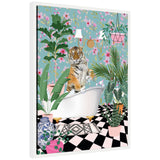 Illustration of a tiger sitting upright in a white clawfoot bathtub surrounded by lush green plants and floral wallpaper with pink flowers on a blue background.