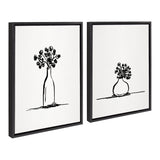 Two framed canvas prints with minimalist sketched botanical flower vase designs, one in natural frame and one in black frame