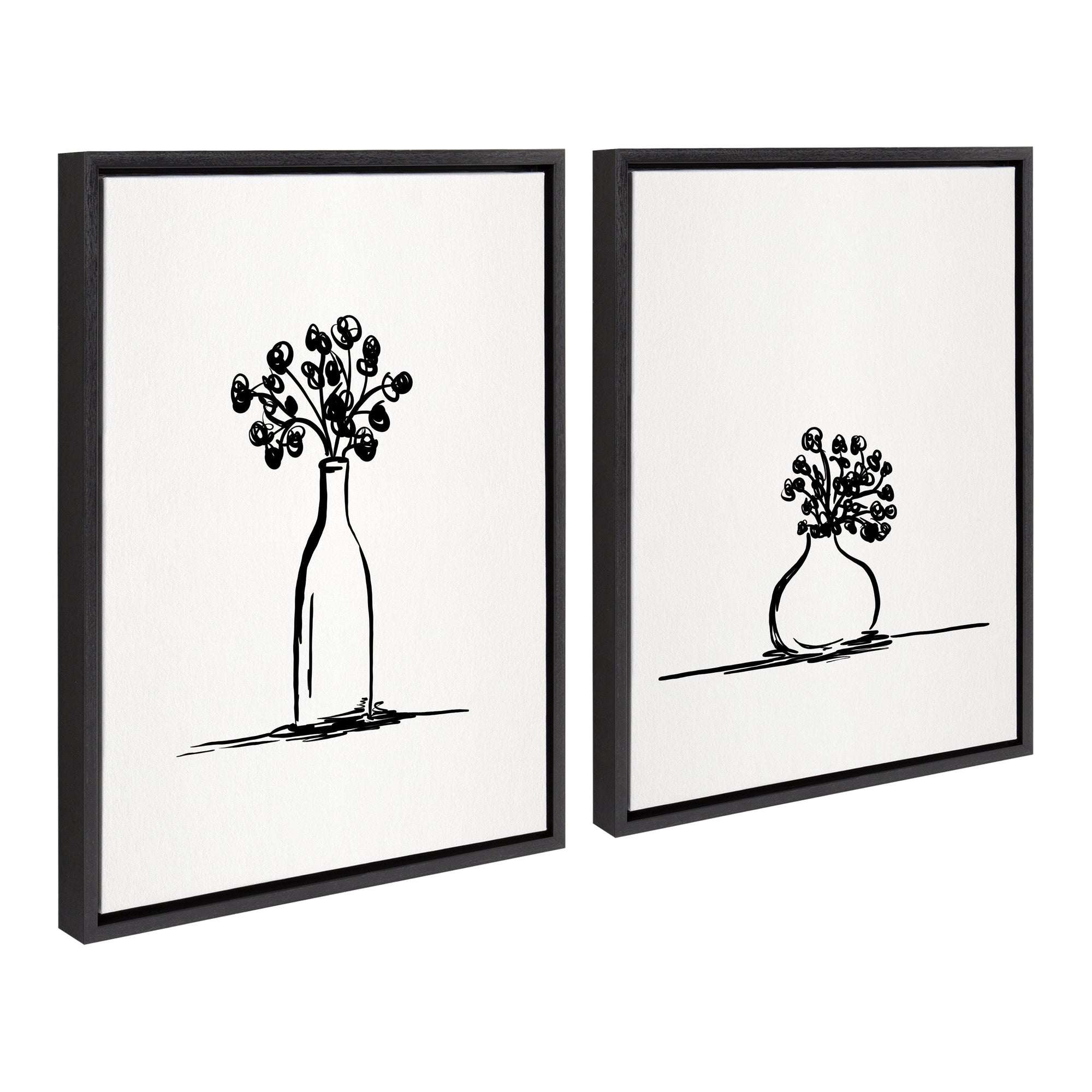 Two framed canvas prints with minimalist sketched botanical flower vase designs, one in natural frame and one in black frame