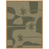 Abstract muted green shapes forming stylized human figures and flower-like forms on a tan canvas, bordered by a light wood frame.