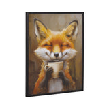 Framed painting of a contented orange fox holding a white coffee cup with closed eyes against a warm brown background.
