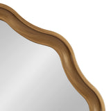 Round mirror with a scalloped wooden frame featuring smooth curves and a warm natural wood grain finish, shown against a white background.