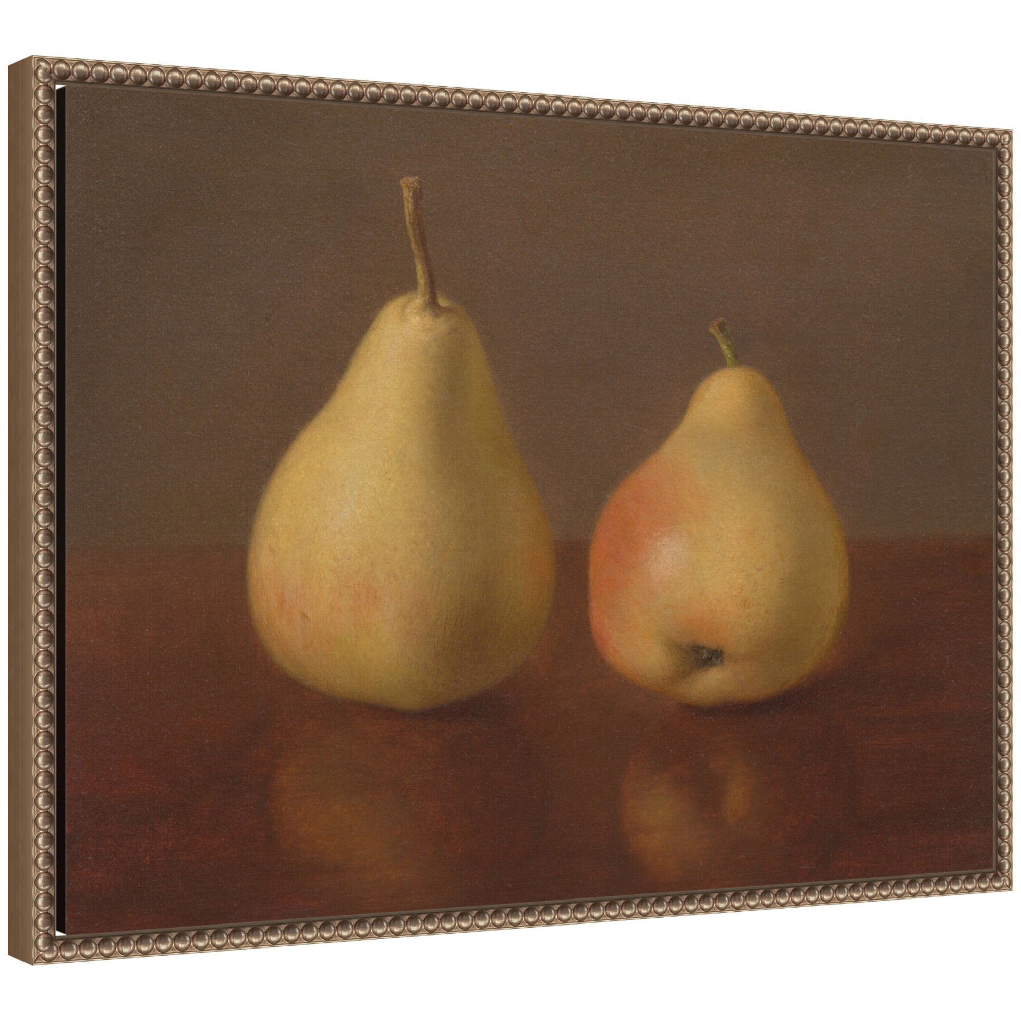Framed canvas art featuring Two McLaughlin Pears by Jeremiah Pearson Hardy in a beaded dark gold frame