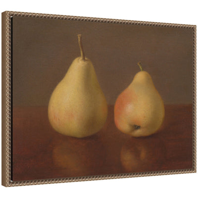 Framed canvas art featuring Two McLaughlin Pears by Jeremiah Pearson Hardy in a beaded dark gold frame