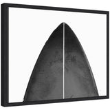 Abstract minimalist coastal black surfboard framed canvas art by Saint and Sailor Studios, shown hung on a wall