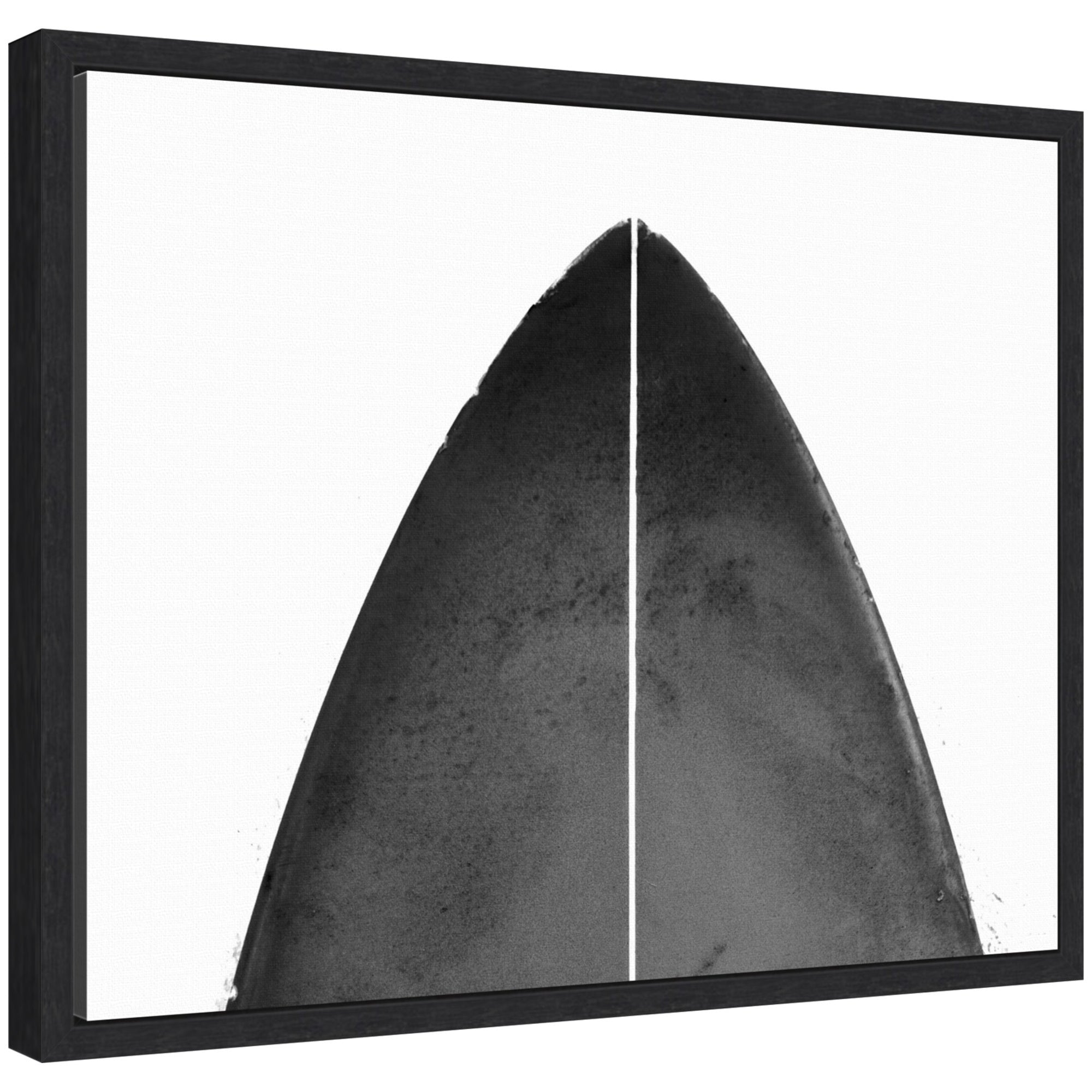 Abstract minimalist coastal black surfboard framed canvas art by Saint and Sailor Studios, shown hung on a wall