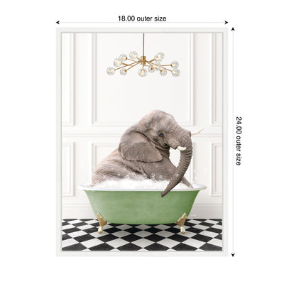Sylvie Young Elephant in Green Bathtub Checker Floor Framed Canvas by Amy Peterson