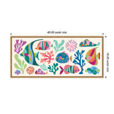 Rectangular framed canvas featuring colorful tropical fish and coral in abstract, vibrant patterns with dominant pink, blue, green, and orange hues on a white background.