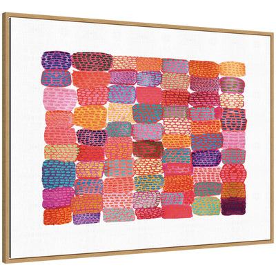 LD Palette Patchwork framed canvas art print showing colorful patterned squares in a natural woodgrain Sylvie frame