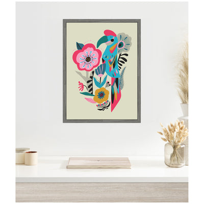 Sylvie Bright Teal and Pink Floral and Parrot Framed Canvas by Rachel Lee